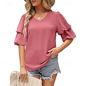 baratos Chiffon Tops-Mulheres Camisa Social Blusa Tops de chiffon Tecido à moda Básico Clássico Manga Curta Manga Princesa Decote V Tops regulares Casual Diário Feriado Azul Preto Branco Vinho Verde Escuro Verão Primavera