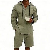 billige Linskjorte i bomull-Herre Linskjorte 2 deler Popover skjorte Og Shorts Lin Shorts Strandshorts Sett عادي Daglig utendørs Feriereise Med hette Langermet Sommer Mote Fritid Bekvem Klær