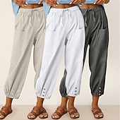 baratos Partes inferiores-Conjunto com 3 calças capri femininas de algodão, ideais para o verão, casuais, básicas, cintura alta, lisas, com bolsos, cintura elástica, confortáveis, respiráveis, sem elasticidade, para uso diário, em casa e nas férias, nas cores azul, azul marinho e