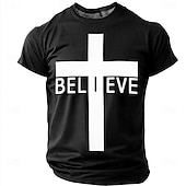  Believe Christian Cross Men's Minimalist Religious Spiritual T Shirt Graphic Crew Neck Short Sleeve Church Worship Gift for Believers Designer Clothing Apparel