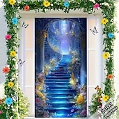 cheap Garage &amp; Door Banners-Fantasy Enchanted Forest Glowing Mushroom Door Banner Magic Fairytale Waterfall Nature Scenery Door Cover 3D Mystical Jungle Fireflies Wall Tapestry For Kids Room Bedroom Decor