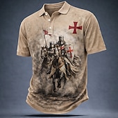 tanie Męska koszulka polo w stylu vintage-Męskie Templariusze Koszulki polo Krótki rękaw Koszulki polo Klapa Zabytkowe Codzienny Ulica Athleisure Dzienne zużycie Druk 3D Guziki Oddychająca siateczka Lato Wiosna Czarny Brązowy Zielony