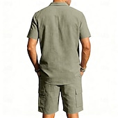 baratos Camisa Algodão Linho-Homens Camisa de linho 2 Peças Conjunto de camisa E Bermuda Cargo Calção Shorts de linho Definir Tecido Diário Ao ar livre Férias Aberto para a Lateral Manga Curta Verão Moda Casual Confortável Roupa