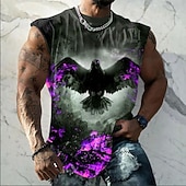  Maglietta senza maniche da uomo nera con stampa integrale di corvo e corvo dalle ali spiegate, fuoco, fiamme, fumo, stile gotico, fantasy, rock, vestibilità aderente, casual, palestra, abbigliamento