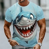  ανδρικό θυμωμένο καρχαρία με κινούμενα σχέδια, πρόσωπο, χαμογελαστό, αστείο, χιουμοριστικό, ιδιόρρυθμο, γραφικό, ωκεάνιο αρπακτικό, μπλουζάκι με στρογγυλή λαιμόκοψη, κοντομάνικο, ανοιχτό μπλε,