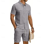 baratos Camisa Algodão Linho-Homens Camisa de linho 2 Peças Conjunto de camisa E Bermuda Cargo Calção Shorts de linho Definir Tecido Diário Ao ar livre Férias Aberto para a Lateral Manga Curta Verão Moda Casual Confortável Roupa