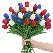 baratos Flor artificial-Conjunto de 20 tulipas artificiais vermelhas, brancas e azuis com toque realista, flores patrióticas de imitação adequadas para decorações do Dia da Independência (4 de julho), decoração de casa e