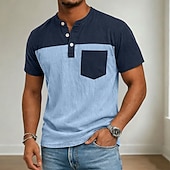 preiswerte Lässiges Henley-T-Shirt-Herren Henley Hemd Hemd aus 100 % Baumwolle in Säurewaschung Kurzarm Henley Sommer Frühling Ganzjahres Farbblock Patchwork Retro Vintage Lässig Henley Patchwork Vintage-Stil Farbblock Lässig Blau Kaki