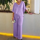 abordables Ensembles chemisiers pour femmes-Femmes Chemisier Pantalons à Jambes Larges Manche 3/4 Col en V Uni A Volants Mode Streetwear Quotidien Occasionnel Quotidien Rose Claire Violet Kaki Printemps &amp; Automne Coupe régulière