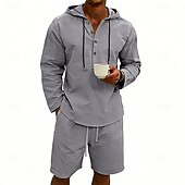 billige Linskjorte i bomull-Herre Linskjorte 2 deler Popover skjorte Og Shorts Lin Shorts Strandshorts Sett عادي Daglig utendørs Feriereise Med hette Langermet Sommer Mote Fritid Bekvem Klær