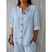  Mujer Camisas de algodón y lino Vacaciones Casual Blanco Amarillo Rosa Morado Azul claro Verano Primavera