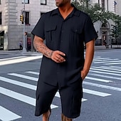 お買い得  メンズベーシックシャツセット-男性用 スタイル ２個 シャツセット そして ショーツ ビーチショーツ 設定 平織り カジュアル 日常 アウトドア 折襟 半袖 夏 ファッション カジュアル 快適 衣類