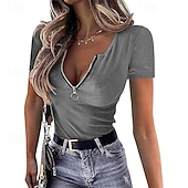 abordables Plain tee-Women's T Shirt Zipper Solid Color Graphic Plain Casual Short Sleeve V Neck Regular Tops Daily Going out Weekend Black Wine Red Gray Summer Spring