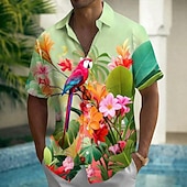 voordelige Tropische planten-Men's Parrot Tropical Plants Flowers Summer Hawaiian Shirt Button Up Shirt Aloha Shirt Short Sleeve Hawaiian Vacation Summer Spring Turndown 3D Print Collared Shirts Front One Pocket Blue Pink Red