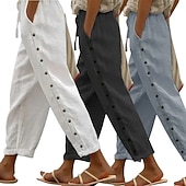 preiswerte Luxusunterteile-3er-Pack Damenhosen, Sommerhosen, Freizeithosen, Urlaubshosen, Basic-Hosen, knöchellang, natürliches, schlichtes Design, Seitentaschen, seitliche Knöpfe, bequem, atmungsaktiv, nicht elastisch, ideal für Wochenendausflüge