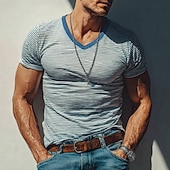 abordables Camisetas 3D de hombre-Camiseta de hombre azul y blanca con rayas horizontales, textura slub, estilo vintage retro náutico, cuello en V, estampado integral, corte ajustado, ideal para verano, playa, uso diario, ropa de