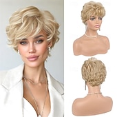economico Perucas Sintéticas sem Touca-Blonde Pixie Wigs for Women - Short Natural Layered Haircut Synthetic Heat Resistant Hair Wig for Daily Costume Light Blonde