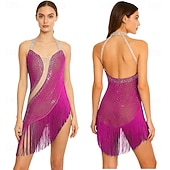 cheap Competition Dress-Women's Magenta Latin Dance Dress - Halter Neck Sparkly Rhinestone Fringe Dress for Ballroom, Salsa &amp; Performance