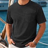 ieftine tricouri de bază-Bărbați Tricou Camasa de blugi Tricou din bumbac Cămașă spălată Mânecă scurtă Crewneck Vară Simplu Pit Strip Epocă Modă Designer Buzunar Stil Vintage Decolorat Casual Vacanță Stradă Albastru Deschis