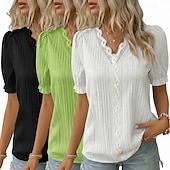 ieftine tricou simplu-pachete multiple 3 buc bluză texturată pentru femei tricou top dantelă patchwork simplu modă elegant clasic mânecă scurtă decolteu în V topuri obișnuite casual zilnic plajă alb+fucsia+galben