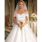 baratos Vestidos brancos pequenos-De Baile Longuette Vestidos de noiva Vestidos para Chá de Panela Vestido de Noiva Vestidos Brancos Justos Alças Ombro a Ombro Graduação Aniversário Renda Tule com Pregas Apliques