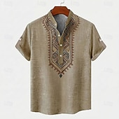 ieftine Model etnic-Bărbați Model Geometric Tribal Έθνικ Cămașă Cămașă cu nasturi Manșon scurt Vintage Retro Concediu Casul / Zilnic Vară Primăvară Guler în picioare Henley Guler Imprimare 3D Cămașă de in Sötét khaki