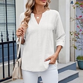 cheap Plain tee-Women's Texture Blouse Eyelet Top Pointelle Tee T Shirt Eyelet Striped Fashion Classic Casual Long Sleeve V Neck Regular Tops Casual Daily Beach Black White Navy Blue Sky Blue Orange Summer Spring