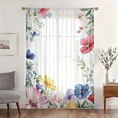economico Tende trasparenti-Tenda trasparente per finestre, adatta a tutte le stagioni, per camera da letto e soggiorno, con asta, motivo floreale dipinto a inchiostro, effetto morbido e nebbioso, elegante e leggera.