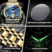 abordables Relojes de Cuarzo-Reloj automático de lujo para hombre Olevs, reloj mecánico esqueletizado con fase lunar, resistente al agua, luminoso, de acero inoxidable bicolor, relojes de vestir elegantes para negocios.