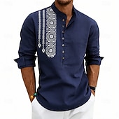 cheap Vacation-Men's Shirt Linen Shirt Popover Shirt Summer Shirt Beach Shirt Geometric Casual Vacation Black White Pink Navy Blue Long Sleeve Stand Collar Summer Spring Clothing Apparel Buttons