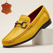 baratos Mocassins de couro premium-Mocassins masculinos de couro amarelo com fivela de metal, couro bovino de alta qualidade, sapatos sociais elegantes e casuais para homens, ideais para o escritório, eventos sociais e momentos de lazer.