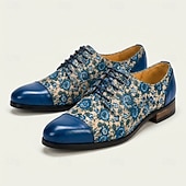 cheap Elemental Dress Shoes-Men's Blue Floral Oxford Shoes Lace-Up Dress Shoes Elegant Statement Footwear for Wedding Guests, Banquets, Parties, Prom and Formal Evening Wear