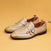 billiga Elementära Klädskor-Herrskor i premiumkvalitet i äkta läder, beige, krokodilpräglade klänningar med dubbla munkremmar, lyxiga formella slip-on-skor för brudgummar, bröllopsgäster, banketter och raffinerad gentlemanstil