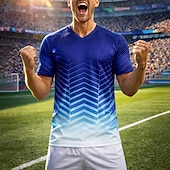  Men's Soccer Jersey Shirt France Style Blue Gradient Geometric Graphic Tee Breathable Quick Dry Mesh Athletic Top UPF50+ Lightweight Fan Shirt for Training Tournament Game Day