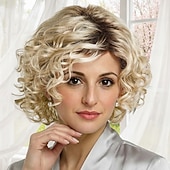 cheap Older Wigs-Elegant Curly Bob Synthetic Wig for Women - Platinum Blonde with Soft Curls and Natural Volume