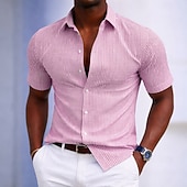 baratos Camisas casuais inteligentes masculinas-Homens Camisa Social Camisa casual Camisa de algodão camisa de botão Preto Amarelo Verde Claro Rosa Roxo Manga Curta Listrado Colarinho de Camisa Casual Diário Bolso frontal Roupa Elegante Moda Casual