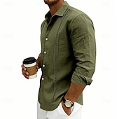 preiswerte Klassiker-Herren Hemd Leinenhemd Sommerhemd Strandhemd Einfach Lässig Urlaub Schwarz Weiß Marineblau Khaki Langarm Umlegekragen Sommer Frühling Bekleidung Patchwork