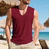 billiga Gym-toppar-Herr Linne Väst Undertröjor Ärmlös tröja Ärmlös V-hals Sommar Vår Slät Mode Sportig Klassisk Slät Gym Gata Sport Vin Topp t-shirt för män