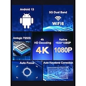 baratos Projetores-Projetor inteligente 4K com Android 13, projetor nativo para home theater com resolução 1080p e foco automático. &amp;Correção trapezoidal automática, Wi-Fi 6, Bluetooth 5.4, chip Amlogic T950S, projetor