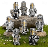 abordables Accessoires et plus-Lot de 8 nains de jardin chevaliers décoratifs, sculptures médiévales amusantes, statues de gardes militaires, décoration extérieure pour jardin ou pelouse, en résine, cadeau pour la fête des pères