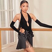 cheap Competition Dress-Junior Latin Dance Costume - Black Fringe Dress with Halter Neck, 3D Flowers &amp; Mesh Sleeves for Performance