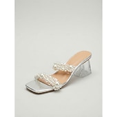 cheap Heeled Sandals-Women's Elegant Silver Slides with Faux Pearl Embellishments - Chic Clear Sandals for Evening Resort Wear, Beach Weddings &amp; Summer Galas