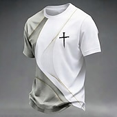 abordables Camisetas de fe-Camiseta cristiana para hombre con estampado de cruz, bloques de color blanco y gris, cuello redondo, manga corta, regalo espiritual cristiano para él, ropa de diseñador.
