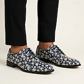 economico Scarpe Eleganti Elementari-Scarpe eleganti stringate da uomo in vera pelle blu navy con stampa a margherite, modello Oxford vintage floreale, perfette per matrimoni, balli di fine anno, cene e eventi formali.