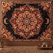 ieftine Tapiserie Pereți-Tapiserie de perete cu mandala boho, semilună, noapte înstelată, floare, agățat de perete, portocaliu ars, hippie, artă psihedelică, poster mare din material textil, pentru dormitor, cămin, living,