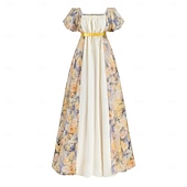 abordables Robe-Médiéval Renaissance 19ème siècle Longueur au sol Robe Manches courtes Princesse Floral Imprimé Floral Col carré Déguisement Femmes Carnaval Foire de la Renaissance LARP Soirée à thème rétro Adulte