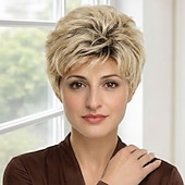 baratos peruca mais velha-Peruca sintética curta e elegante estilo pixie para mulheres - loiro claro com mechas sutis e volume texturizado.