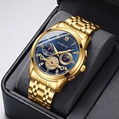abordables Montres à quartz-Montre homme à cadran bleu, montre-bracelet de luxe à phases de lune, montre analogique bicolore en acier inoxydable avec volant squelette &amp;Coffret cadeau, cadeau élégant et étanche pour homme, argent