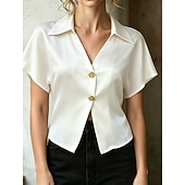 ieftine tricou simplu-Pentru femei Cămașă din satin Bluză Nasturi Culoare solidă Stilat Casual Manșon scurt Guler Cămașă Crop Tops Casual Zilnic În aer liber Albastru piscină Negru Alb Caisă Vară Primăvară