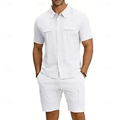baratos Camisa Algodão Linho-Homens Camisa de linho 2 Peças Conjunto de camisa E Bermuda Cargo Calção Shorts de linho Definir Tecido Diário Ao ar livre Férias Aberto para a Lateral Manga Curta Verão Moda Casual Confortável Roupa